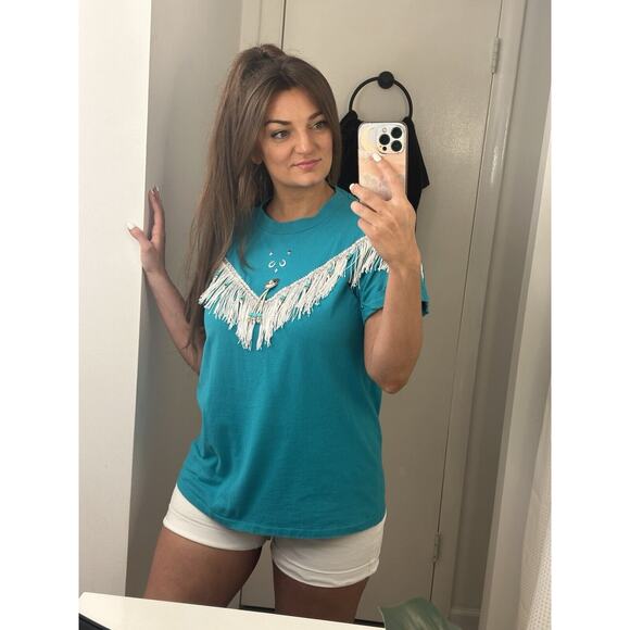 Vintage Western Turquoise Fringe Hazelwoods Size Medium T Shirt - Picture 13 of 13